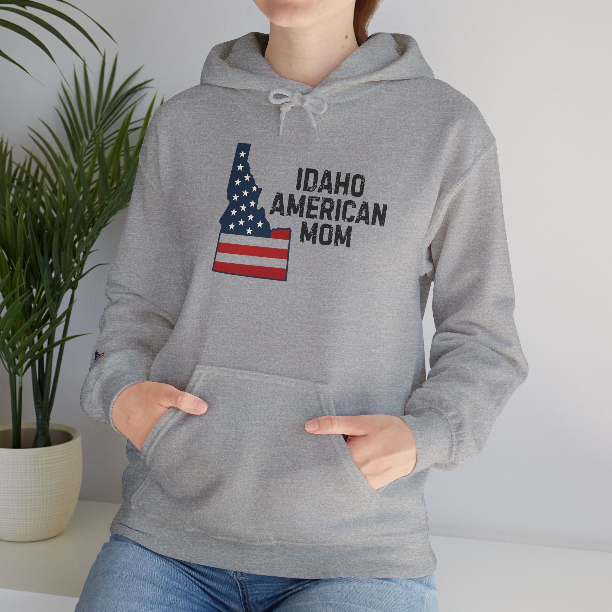 Idaho American Mom Hoodie with Sleeve Logo