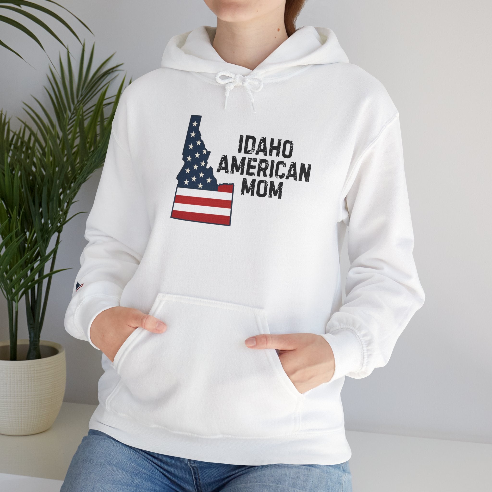 Idaho American Mom Hoodie with Sleeve Logo