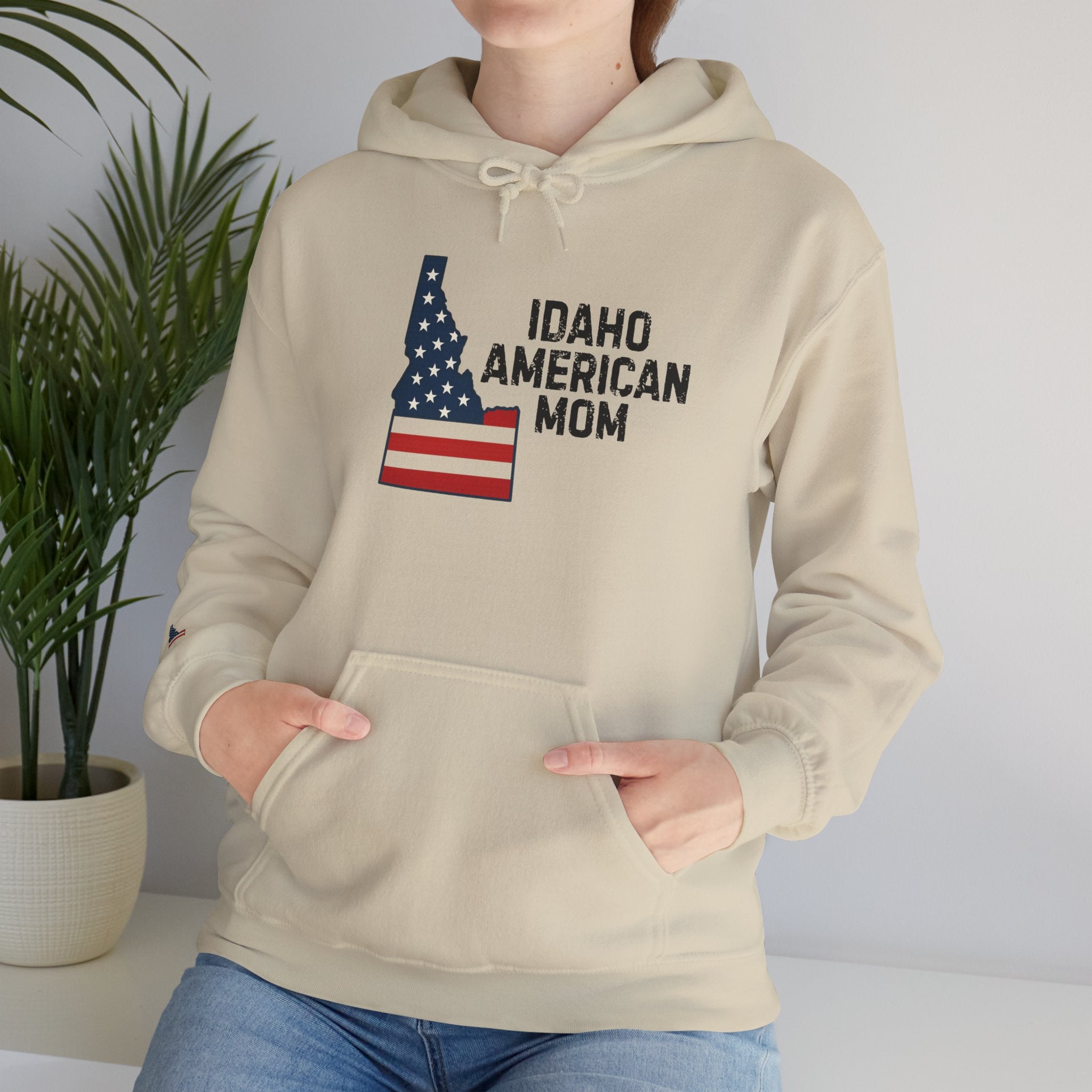 Idaho American Mom Hoodie with Sleeve Logo