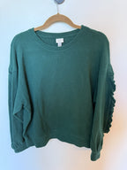 A NEW DAY Green Long Ruffle Trim Sleeves Crewneck Sweater, Size Large