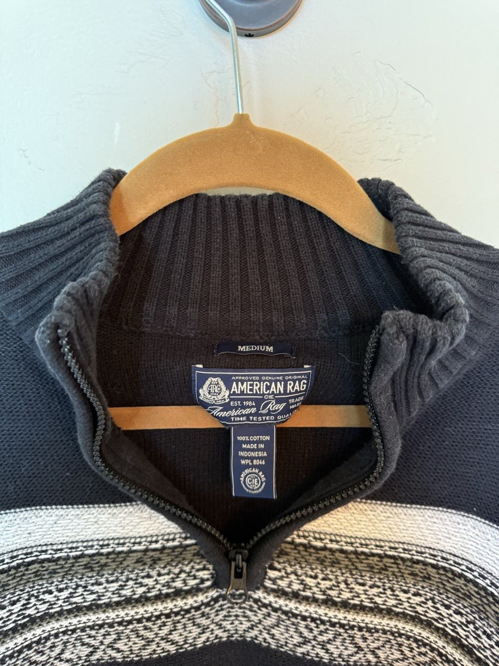 American Rag Sweater Mens Medium Black With Stripes 1/4 Zip Long Sleeve