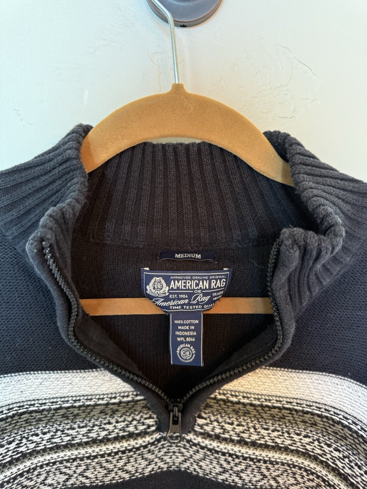 American Rag Sweater Mens Medium Black With Stripes 1/4 Zip Long Sleeve