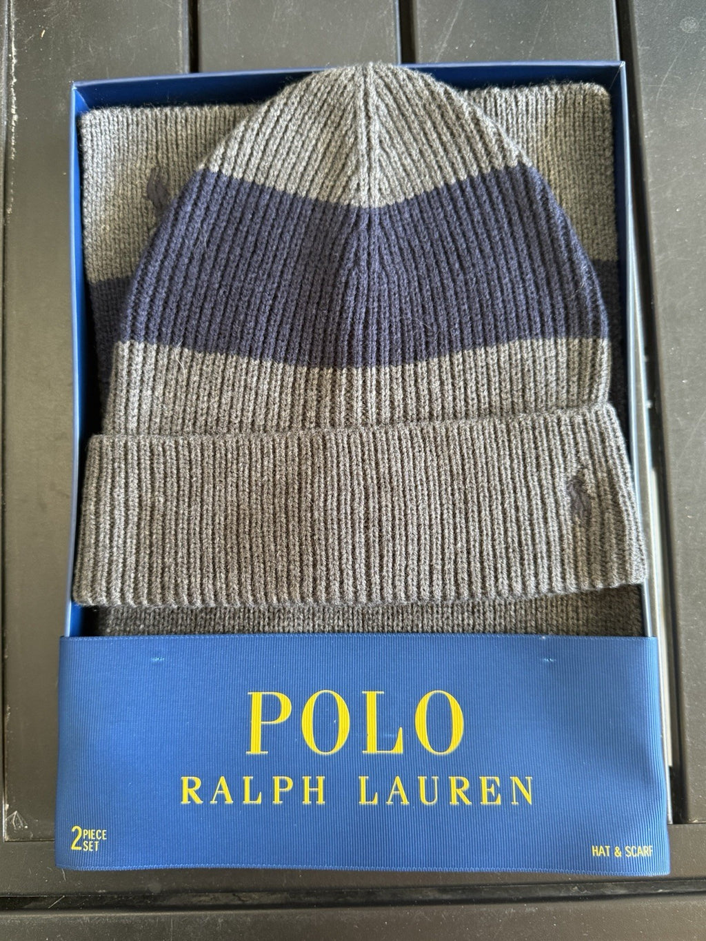 Polo Ralph Lauren Mens Hat & Scarf 2 Piece Set One Size Gray Navy Stripe NWT