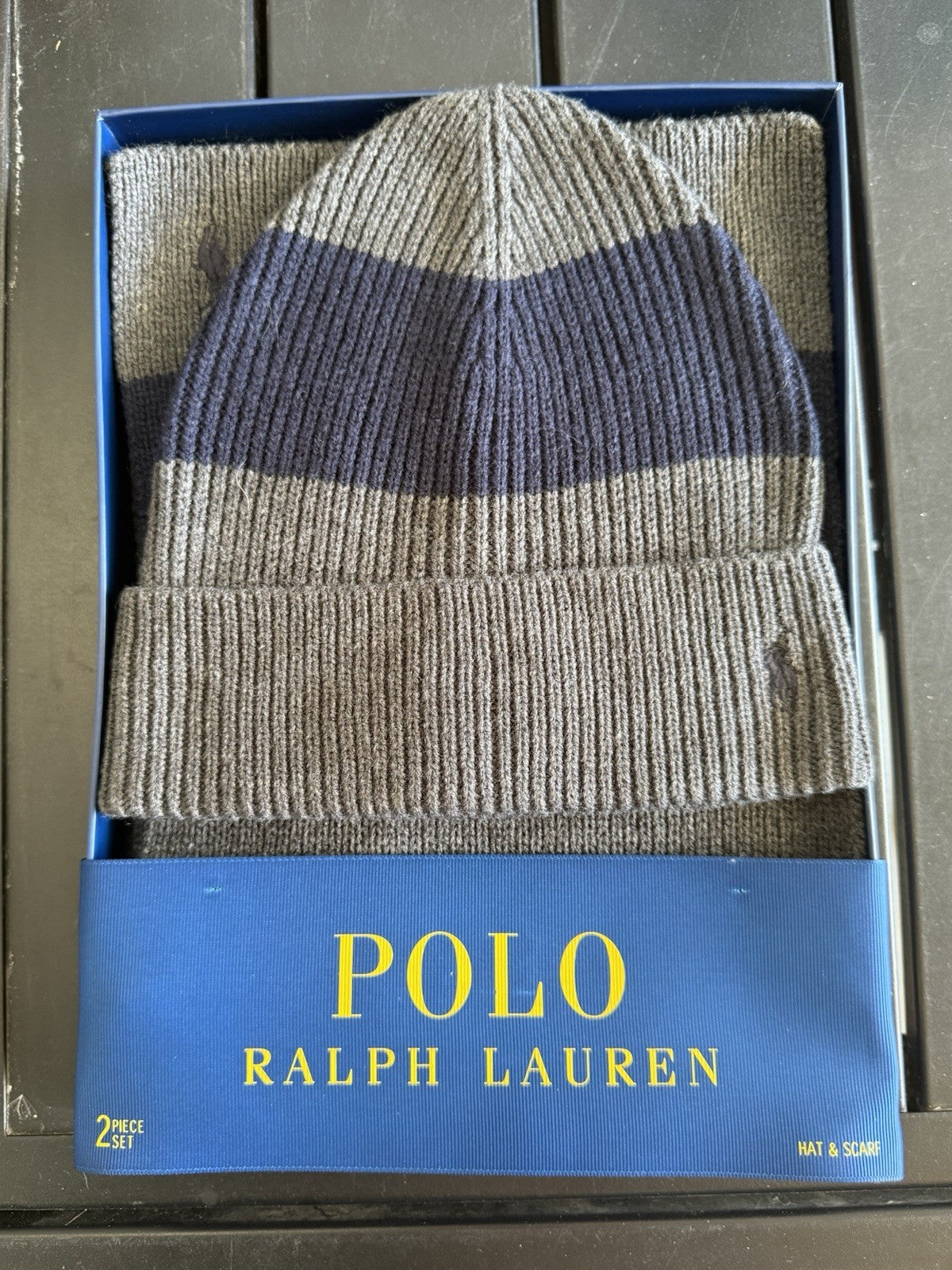 Polo Ralph Lauren Mens Hat & Scarf 2 Piece Set One Size Gray Navy Stripe NWT