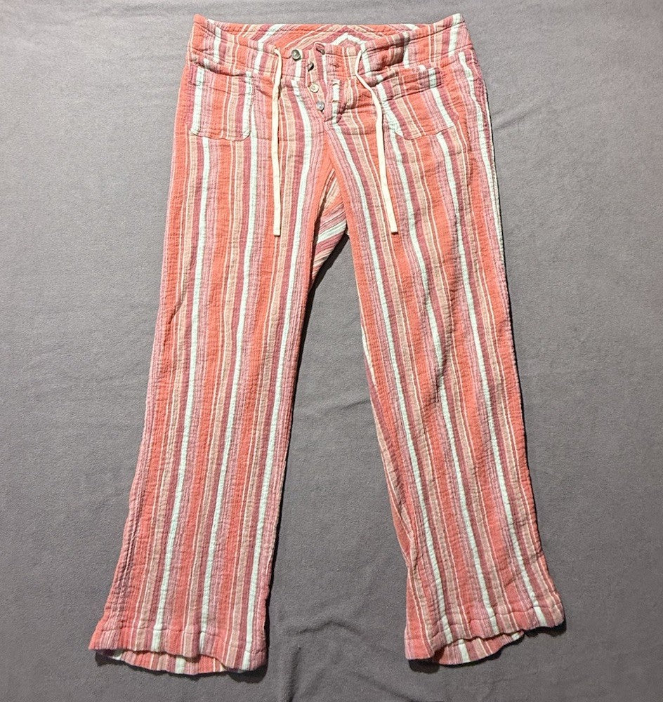 Sundance Pants Womens L Coral Striped Cotton Drawstring Wide Leg Boho Beach