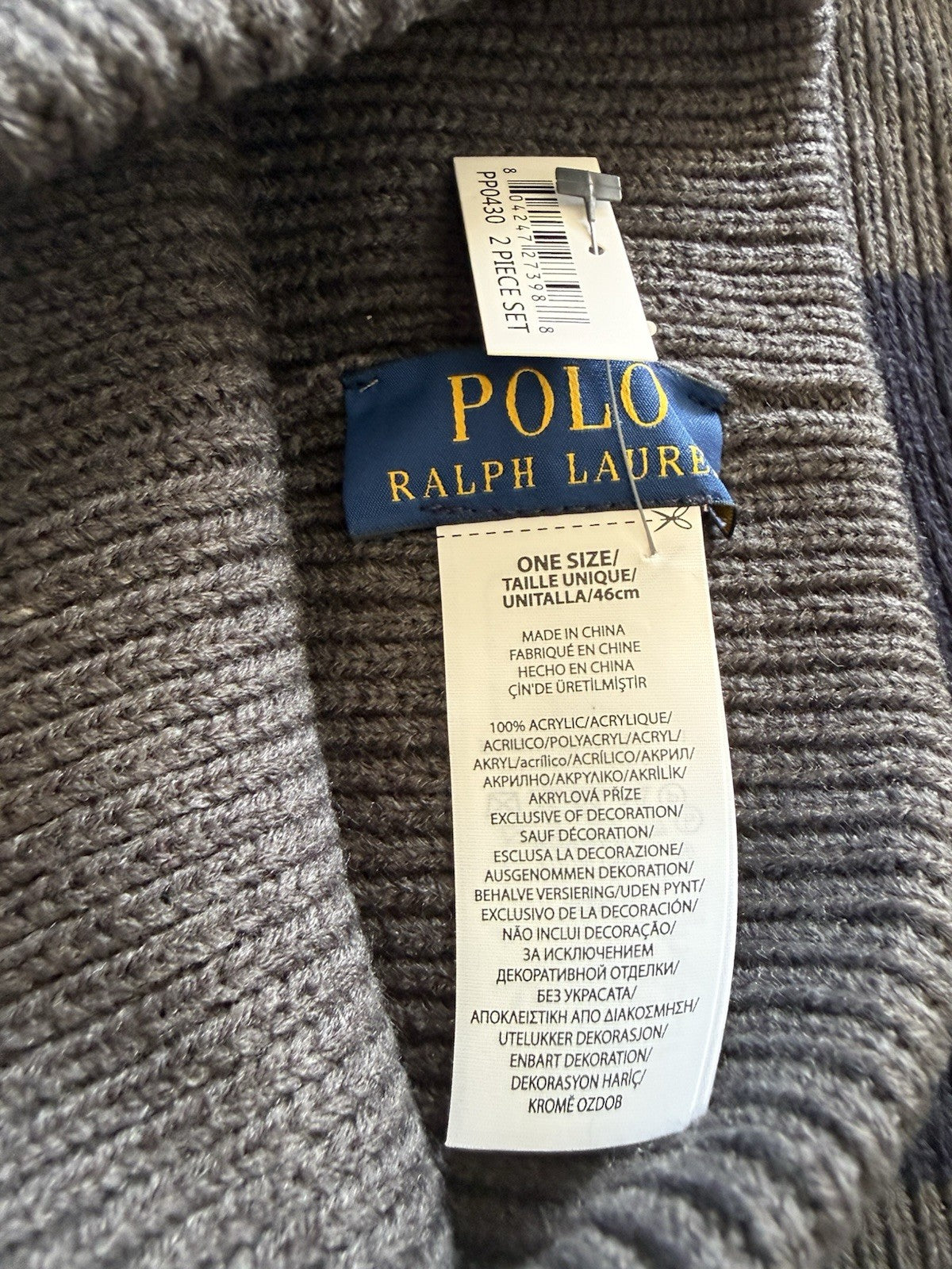 Polo Ralph Lauren Mens Hat & Scarf 2 Piece Set One Size Gray Navy Stripe NWT