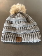 C.C Exclusive Womens Gray Knit Beanie Faux Fur Pom Warm & Soft
