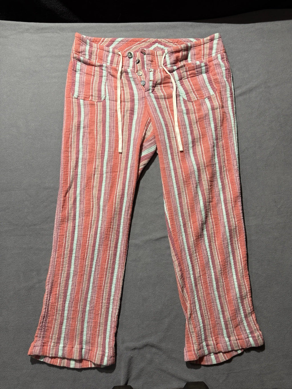 Sundance Pants Womens L Coral Striped Cotton Drawstring Wide Leg Boho Beach