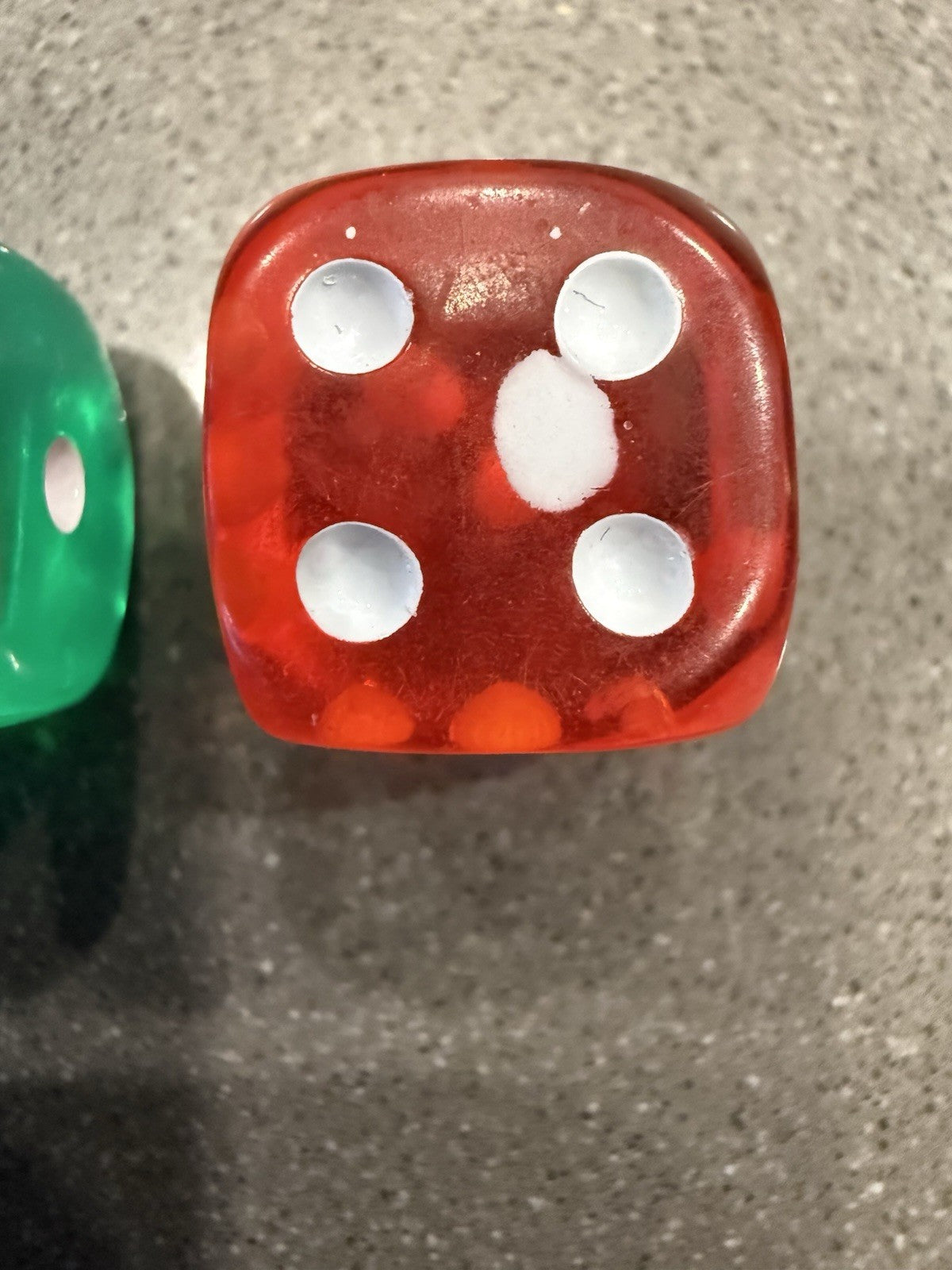 Vintage Red And Green Dice Rounded Corners With Print Error On Red Dice