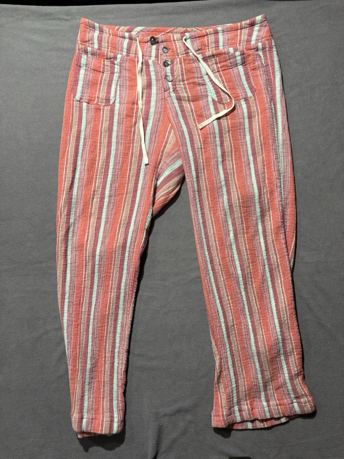 Sundance Pants Womens L Coral Striped Cotton Drawstring Wide Leg Boho Beach