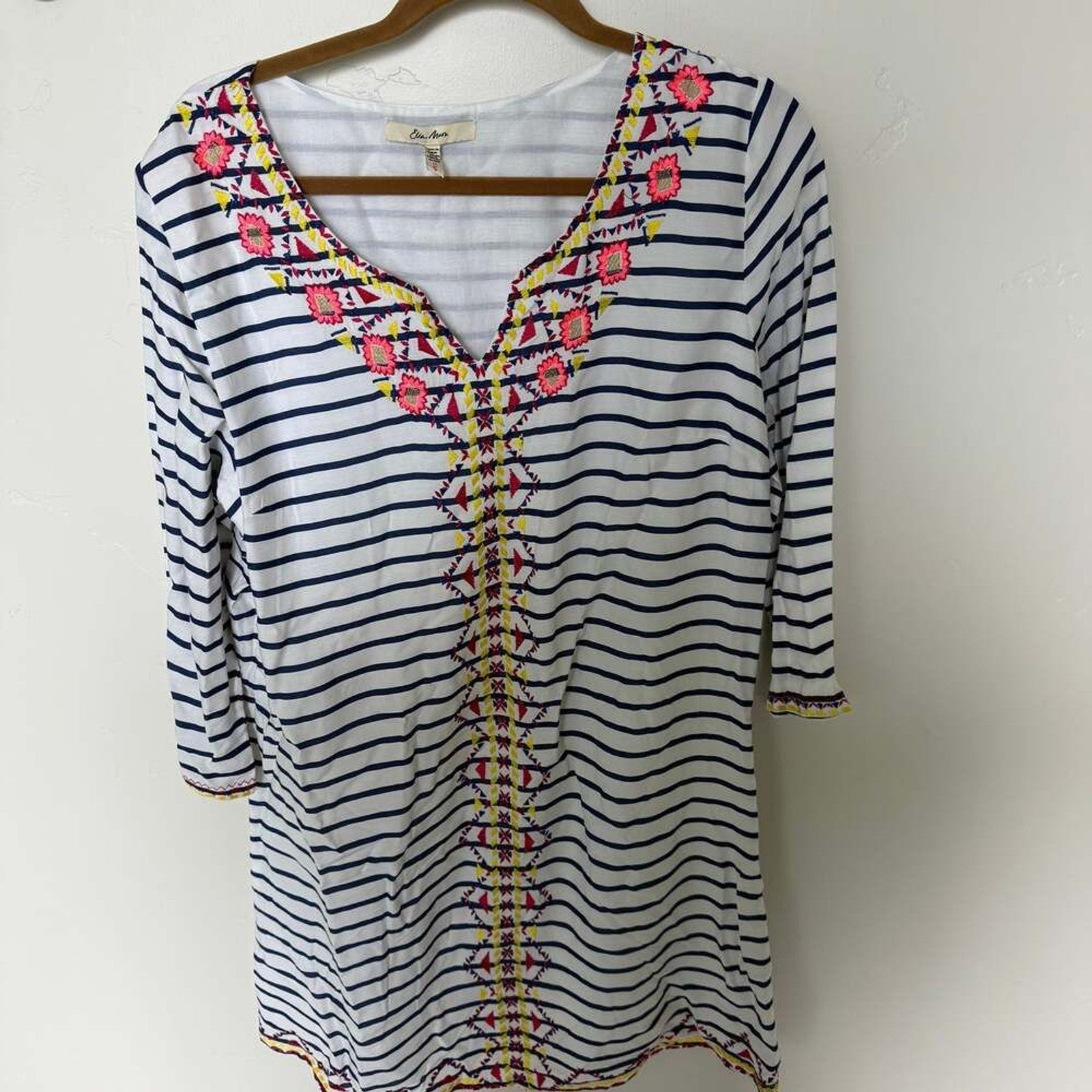 Ella Moon Blue and White Striped Tunic Dress With Colorful Embroidery Detail LRG