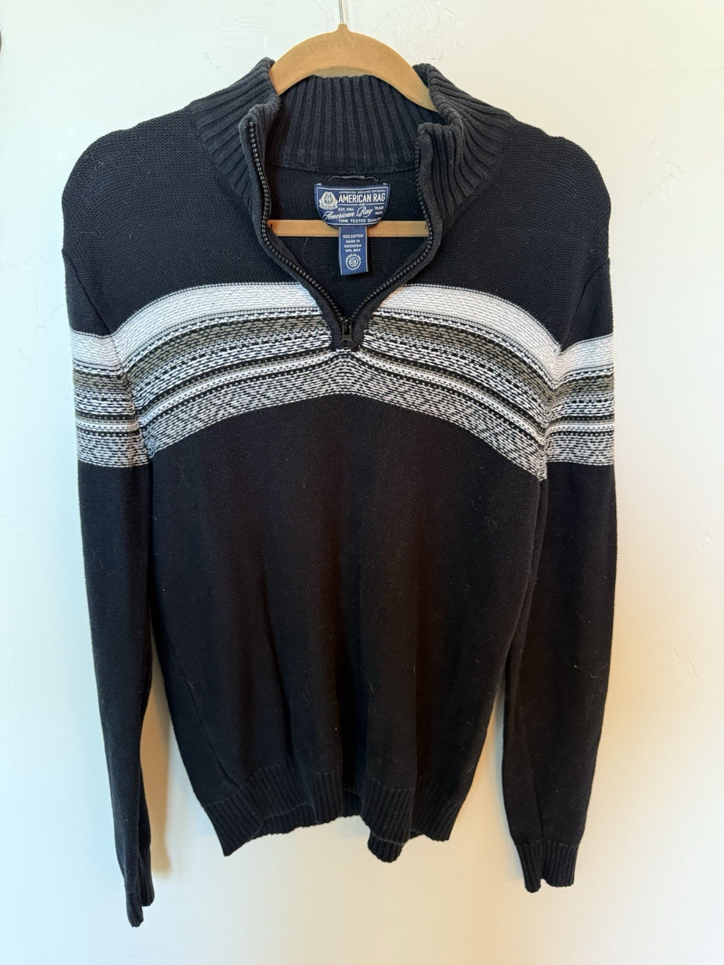 American Rag Sweater Mens Medium Black With Stripes 1/4 Zip Long Sleeve