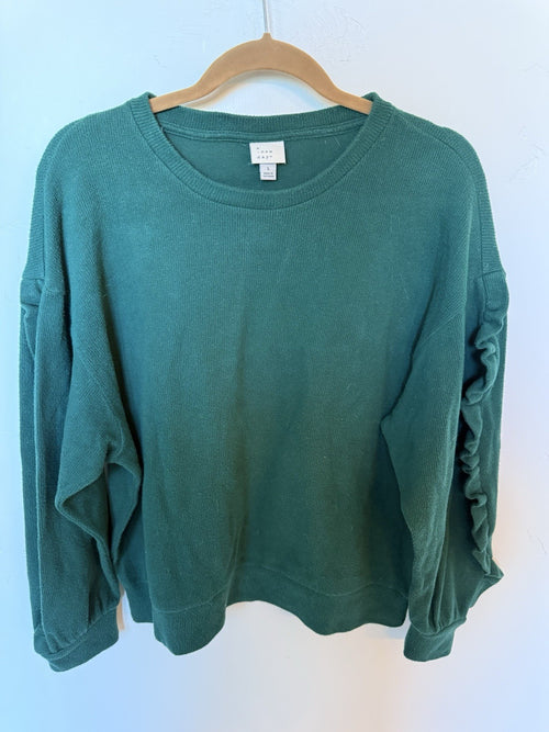A NEW DAY Green Long Ruffle Trim Sleeves Crewneck Sweater, Size Large