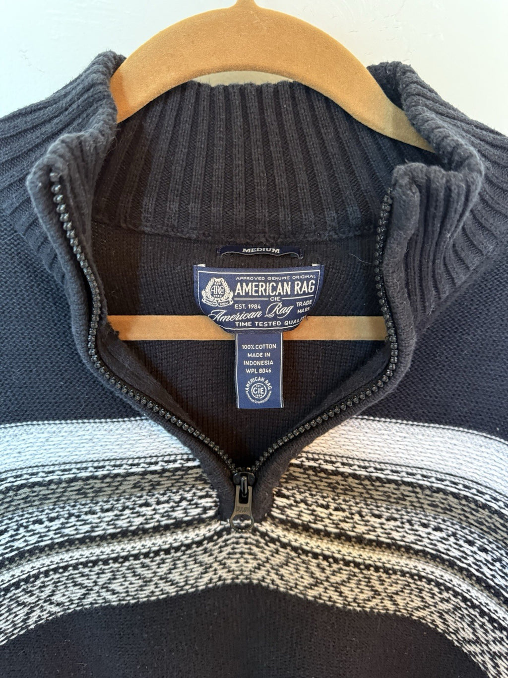 American Rag Sweater Mens Medium Black With Stripes 1/4 Zip Long Sleeve