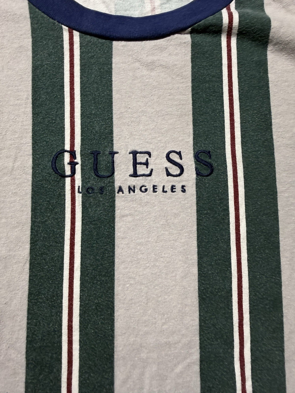 Guess Los Angeles Shirt Mens L White Green Maroon Striped Vintage Embroidered