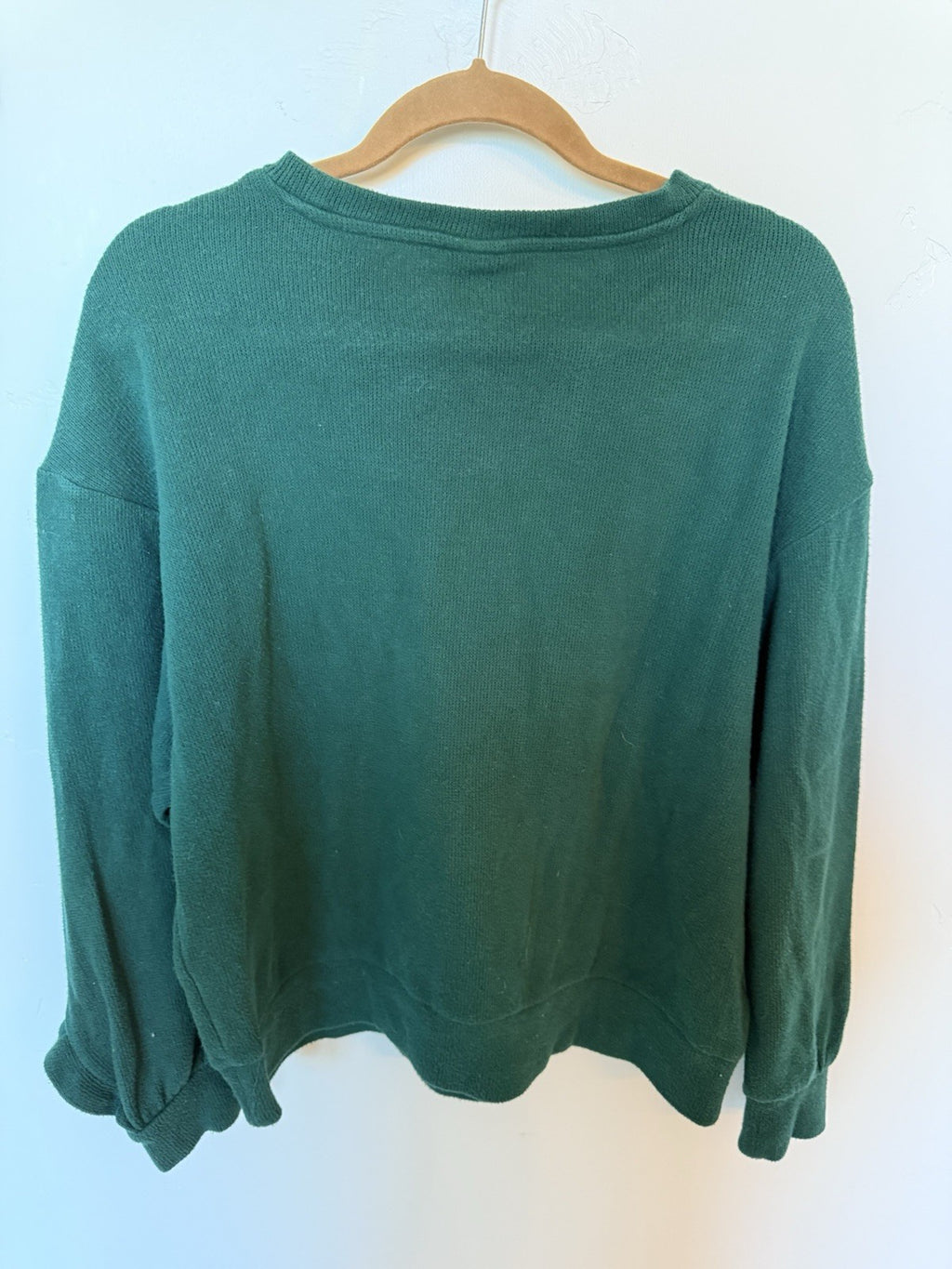 A NEW DAY Green Long Ruffle Trim Sleeves Crewneck Sweater, Size Large