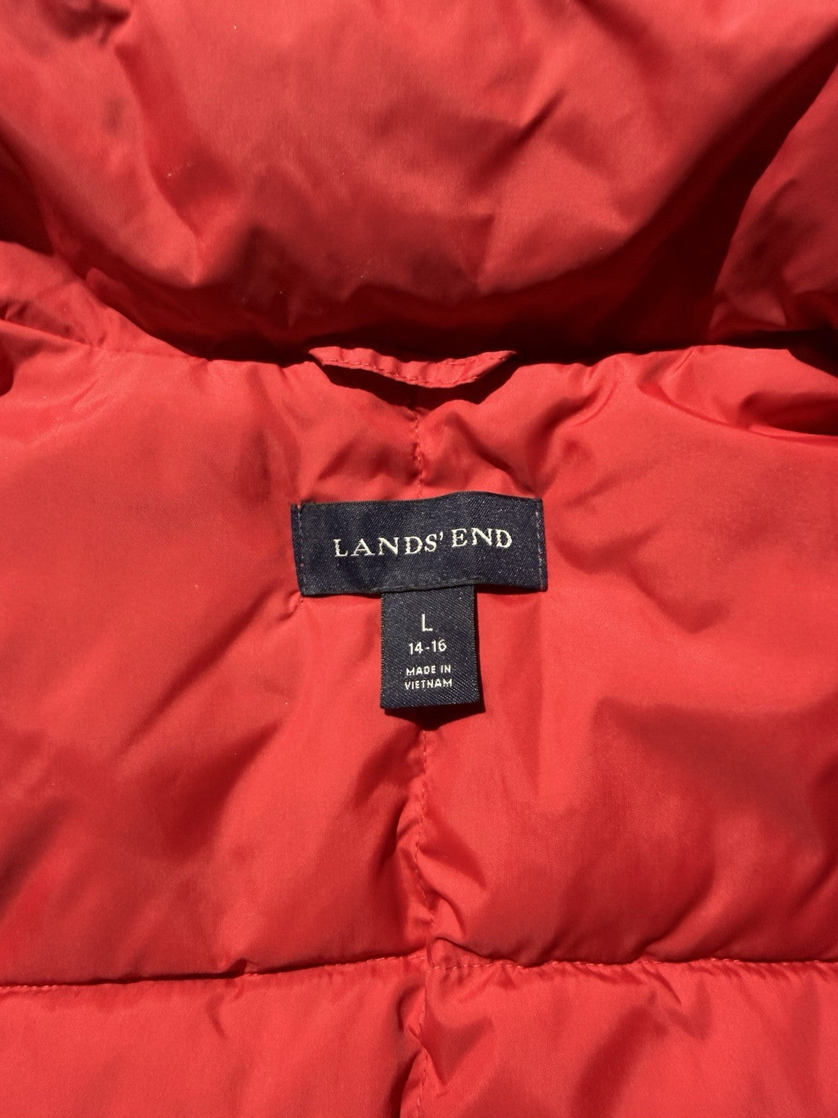 Lands End Puffer Vest Womens L 14-16 Red Goose Down Blend Front Pockets