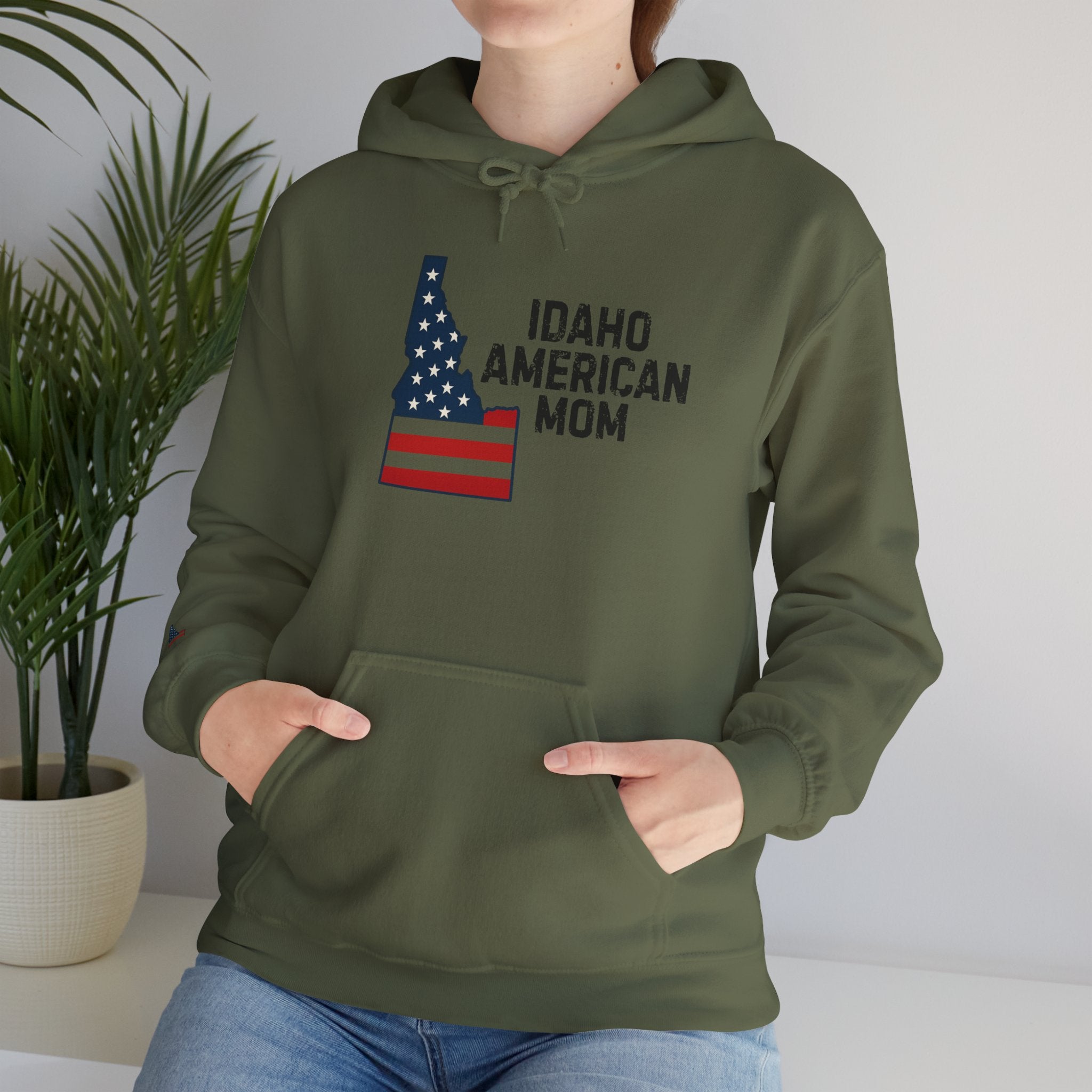 Idaho American Mom Hoodie with Sleeve Logo