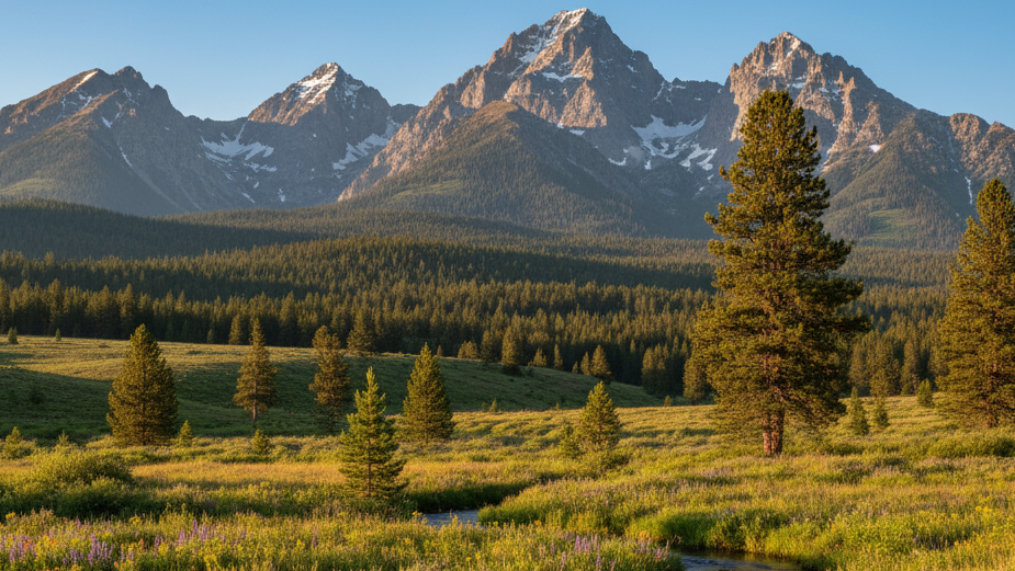 please provide me with a picture of the Idaho wilderness against the mountains